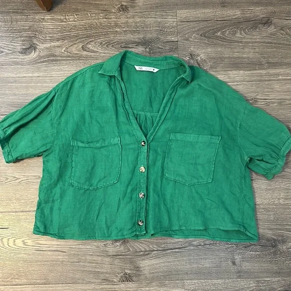 Zara Green Cropped Linen Shirt - Picture 2 of 5